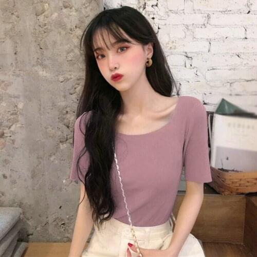 Net Red With The Same Paragraph Foreign Style Knitted Short-sleeved Shirt Female Apricot One Size 2020
