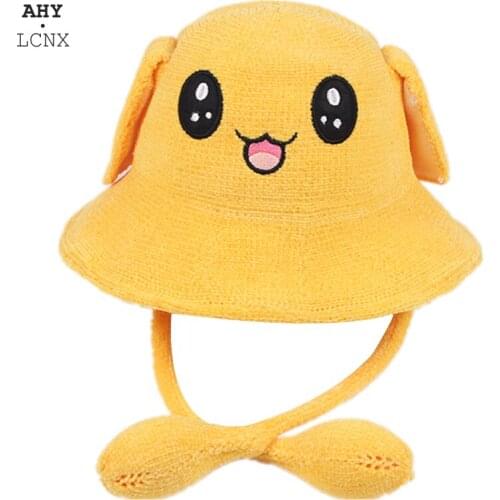 Moving Bunny Ears Kids Bucket Hat Warm Cotton Cute Baby Childrens Boy Girl Knitted Cap Autum Winter Fishermans Hat For 1-12y