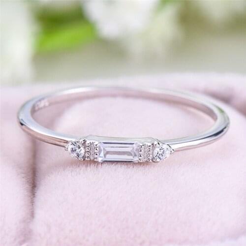 Delicate Crystal Thin Ring White Gold Filled Rings For Women Small Rectangle Zircon Blue Green Stone Wedding Bands Jewelry Cz