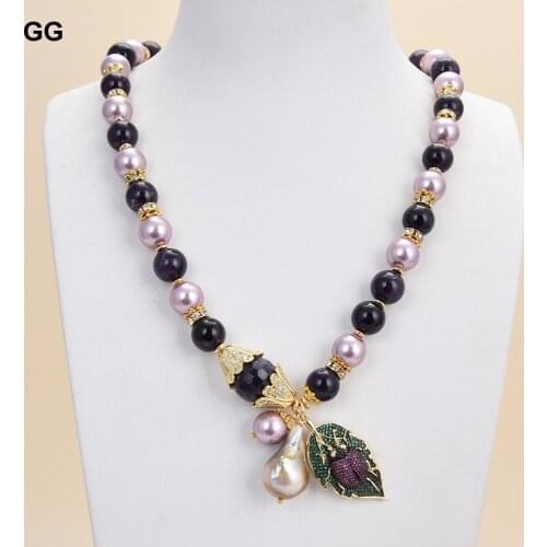 GuaiGuai Jewelry 22" Sea Shell Pearl Amethyst Keshi Pearl Necklace Cz Pave Bee Pendant