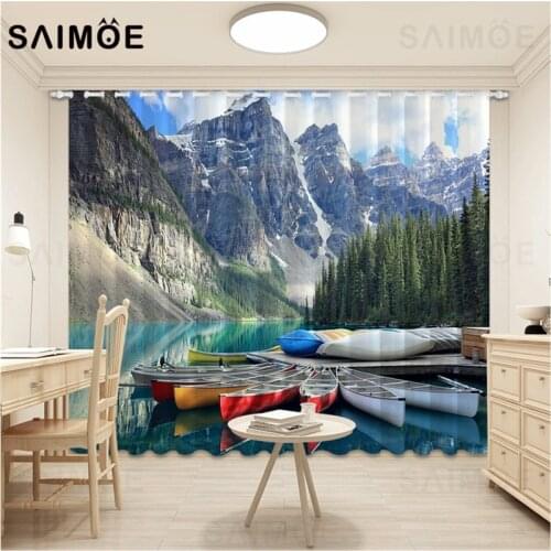 Lake Boat Curtains Fog Mountain Forest Landscape Living Room Curtain Purple Sky Bedroom Curtains Home Decor Ultra Micro Shading