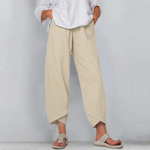 Women Solid Color Pocket Irregular Hem Loose Cropped Pants Cotton Linen Trousers with Pockets Irregular Hem Loose Style Pants