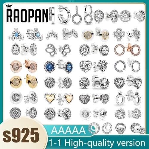 RAOPAN 925 sterling silver four-leaf clover heart-shaped sparkling diamond circle earrings girl fashion jewelry gift