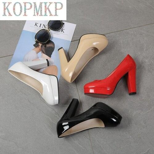 2021 HOT Women Dress Shoes Round Toe Square Heeled Pumps High Heels Patent Leather Ladies Zapatos Mujer Slip-On Plus Size 33-43