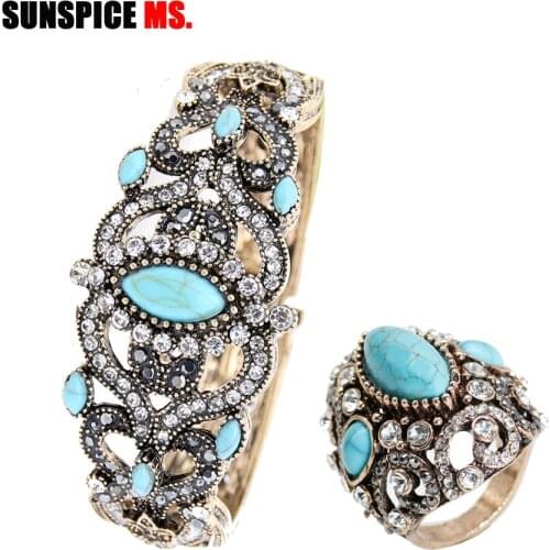 SUNSPICE-MS New Turkish Natural Stones Bangle Ring Sets Bohemia Ethnic Wedding Jewelry Sets Antqiue Gold Color Vintage Bijoux