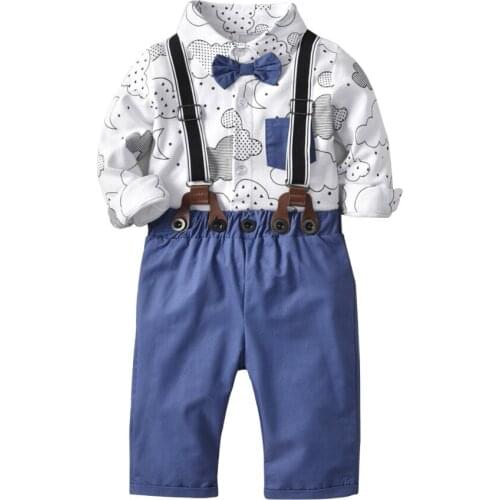 Carters Gentleman Boy Clothing Set Baby Boy Outfit Cloud Printed Boys Shirts Cotton White Tops + Boys Overalls Baby Romper 2Pcs