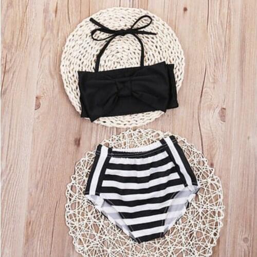 2019 Summer Cute Baby Kids Girl Bikini Set Black Striped Bow Sweet Swimwear Striped Swimming Bathing Suit Swimsuit