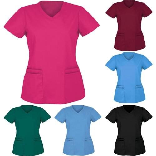 2021 Sexy Sanitary Clogs Women Short Sleeve V-neck Tops Working Uniform Solid Color Summer Sexy Uniform Nurse