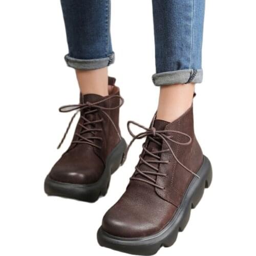 208-1 Inside and Outside Full Leather Platform Martin Boot Retro Artistic Round Lace-up Muffin Thick Bottom Cowhide Female Boots