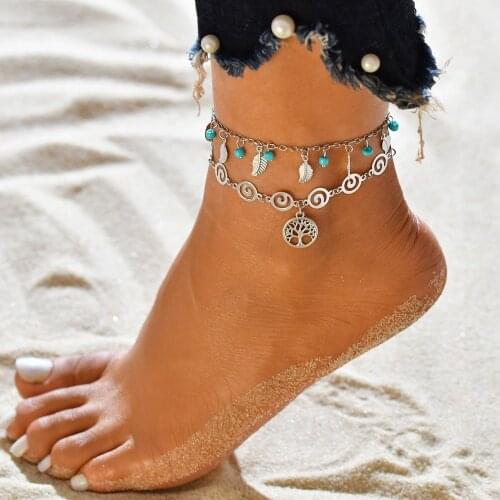 9 Styles Vintage Silver Color Mixed Wave Life Tree Turtle Elephant Shell Double Beach Anklet Women Beach Surfing Casual Jewelry