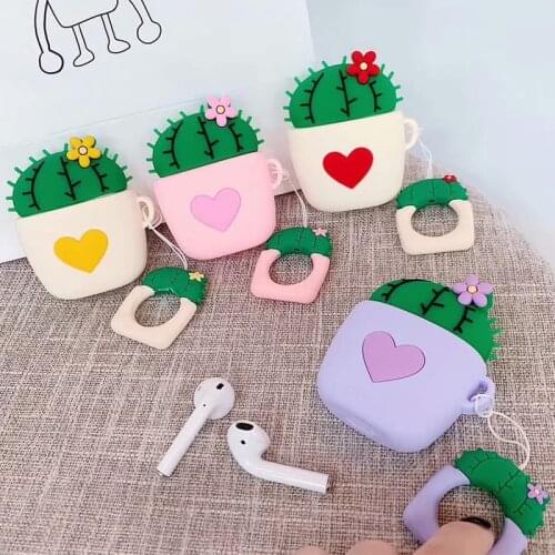 For AirPods Case 3D Cute Prickly Pear Cactus Soft Silicone Chic Style Wireless Earphone Cover for Airpods 2 Finger Ring Strap