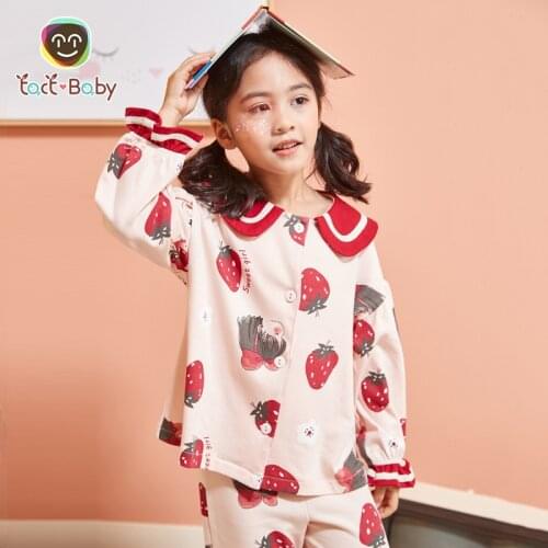 Children Pajamas Spring Winter 100% Cotton Sleepwear Baby Girls Long-Sleeved Pyjamas Sets Fruit Strawberry Print Top Shirt+pants
