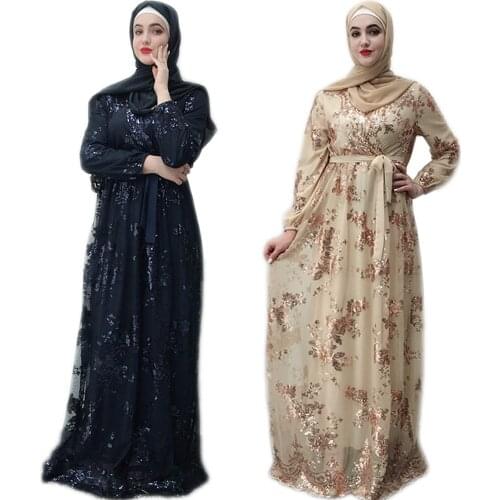 Elegant Muslim Lace Sequins Long Dress Women Dubai Middle East Arabic Abaya Elegant Party Evening Islamic Ramadan Turkish Kaftan