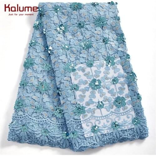 Kalume African Net Lace Fabric Tissue Nigerian Diy Knitting Fabric Sequins French Milk Silk Lace Fabric For Women Dress H2412