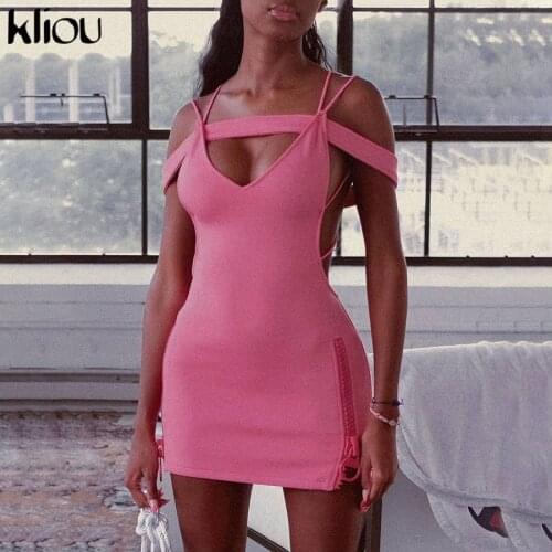 Kliou Sexy Backless Mini Dress Women Sexy Sheath Cleavage Rope Conection Side Zipper Camisole Sleeveless V-Neck Clubwear Skirt
