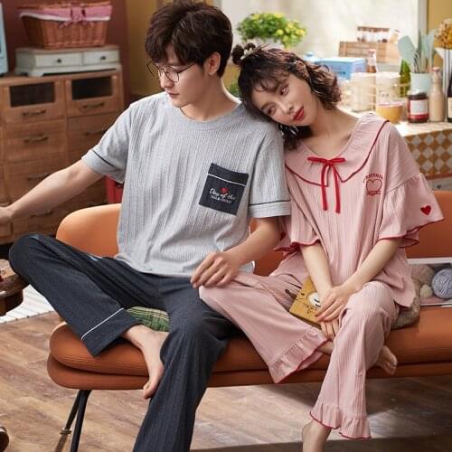 SLPBELY Cotton Couple Pajamas Set Summer Cartoon Lapel Short Sleeve Men Women Pyjamas Lovers Sleepwear Pijamas M-5XL Plus Size