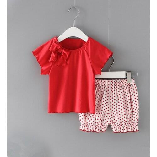 Girls Clothing Sets Summer Cotton Two-piece Children Sets Casual Fashion Girls Clothes Baby T-shirt+Dot Shorts Red 0-2Y