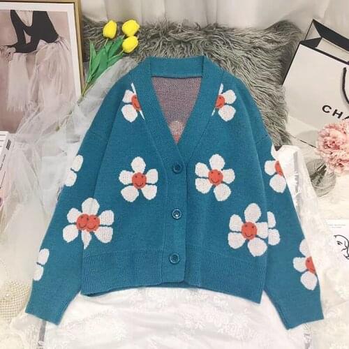 Green Flower Short Sweater Womens Autumn And Winter New Loose Fashion Knitted Cardigan
