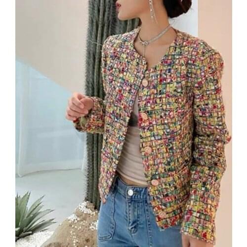 2021 Autumn And Winter Tweed Short Jacket Womens Unique Temperament Color Plaid Jacket Fashion Retro Ladies High-quality Jacket