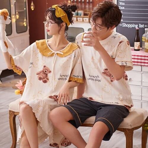 Summer Cotton Couple Pajamas Set Cartoon Bear Print Short Pajamas For Women And Men Cute Women Nightwear Casual Couple Sleepwear
