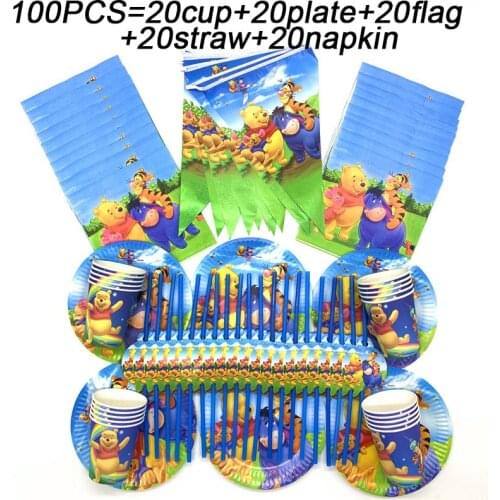 Disney Winnie The Pooh Birthday Party Supplies Set Tableware Disposable Plates Flag Cups Winnie The Pooh Theme Tablecloth Straws