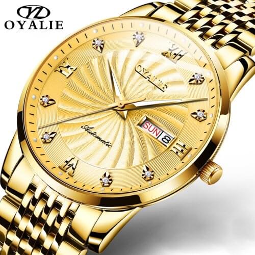 OYALIE Men Watches Stainless Steel Top Brand Luxury Sport Chronograph Mechanical Business Watch Men Gold Relogio Masculino