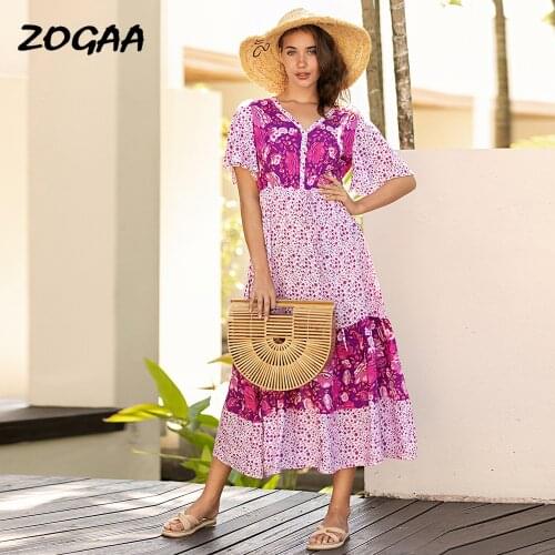 ZOGAA Dress Women Summer Casual Womens V-neck Swing Female Beach Vocation Trendy Hot Sale Female New V-Neck A-LINE Bohemian