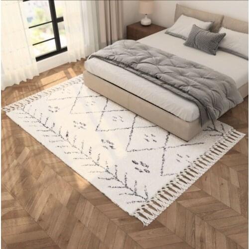 Morocco Thick Handmade Geometric Plaid Pattern Living Room Rug Turkey Beige White Home Decoration Bedroom Carpet With Tassel