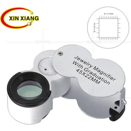 45X Scale Magnifier Portable Silver Measuring Magnifying Glass with LED Light Handheld Pocket Magnifier Loupe Mini Jeweler Lupa