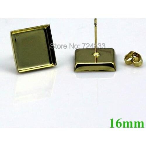 16mm Blank Earrings Settings Bases Square deep wall Bezel Stud Earrings Post w/ Stopper Earring Findings Golden tone Wholesale