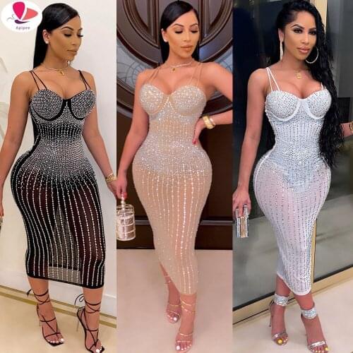 Sexy Sequin Glitter Crystal Midi Dress Vestido Women Sleeveless Strap Bodycon See Through Party Club Dresses
