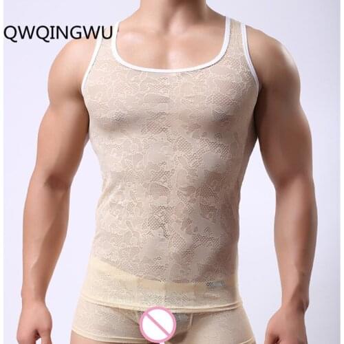 Sexy Men Undershirts Mesh Sexy Tops Tees Shirts Transparent Bodybuilding Gay Male Singlets Lace See Through Undershirts Fashion
