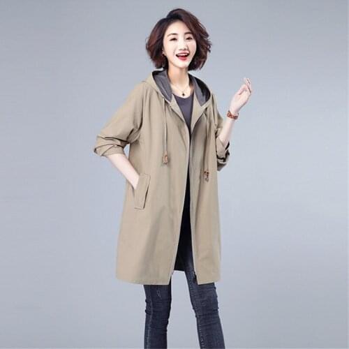 Women Lage Size Trench Lady Spring Autumn Casual Loose Hooded Windbreaker Zipper Pocket Coat Female Long Sleeve Medium Long Tops