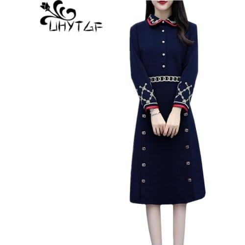 UHYTGF New women dress Single-breasted pullover autumn dress Cute girl elegant dress fashion blue lace casual Female dresses 701