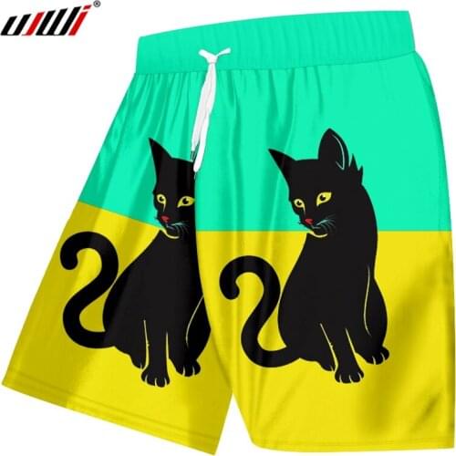 UJWI Man New Lovely Anima 3D Printed Cat Best Selling Green Yellow Stitching Wholesale Personality Mens Beach Shorts
