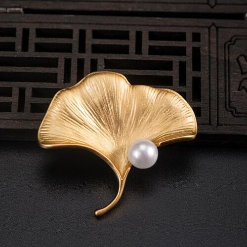 Authentic 925 Silver Original Design Golden Gingko Leaf Brooch for Women trend Inlaid Pearl Brooch dress Accessories