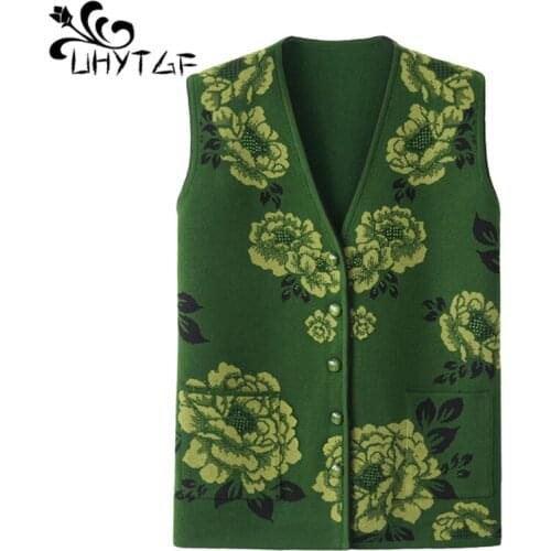 UHYTGF Womens sleeveless jacket Fashion flower beaded knitted sweater vests for women elegant mom Plus size vest waistcoat 1237