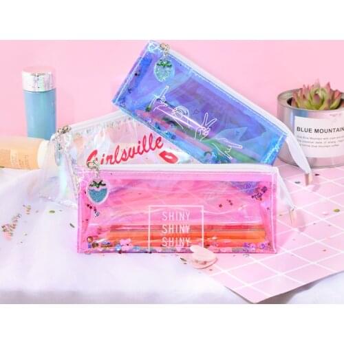 Fashion Harajuku Zipper Hologram Metallic Color Handbag Sequin Transparent Laser Pencil Case Woman Cosmetics Makeup Bag