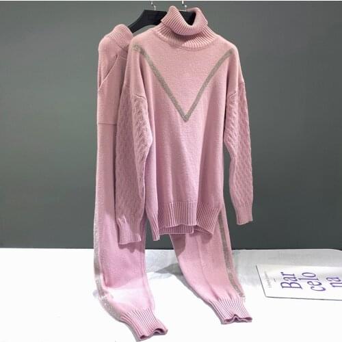 Womens Sweater Elastic Waist Trousers 2 Pieces Set Fashion Rhineston Beading Warm Knitted Suits Winter Clothes