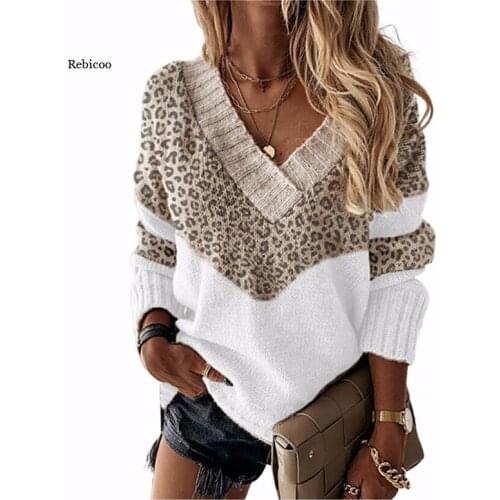 Spring womens long sleeve casual polyester new comfortable fashion V-neck leopard sweater popular womens top