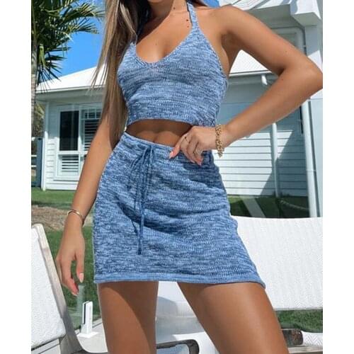 2021 New Women’s Vest and Skirt Suit Fashion Solid Color Knitted Two Pieces Sets Halter Bandage Crop Tops and Tight Short Skirts