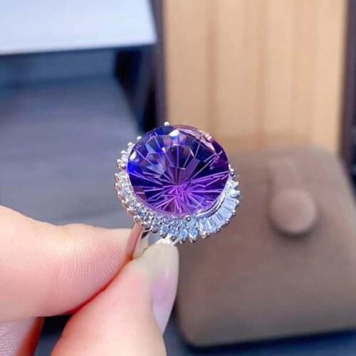 PROCOGEM 15mm Round Cuted Amethyst Ring for women Party gifts Purple Crystal Rings with Cubic Zirconia 925 Sterling silver #861