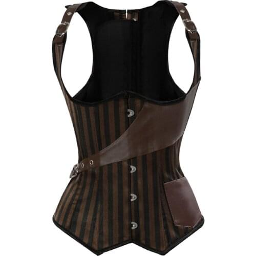 Womens Striped Gothic 12 Spiral Steel Boned Steampunk Underbust Corset Faux Leather Lace up Boned Underbust Vest S-2XL