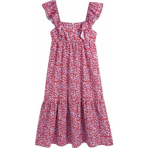 Evfer Vintage Women Fashion Red Flower Print Za Square Collar Long Dresses Chic Lady Fashion Back Zipper Sleeveless A-Line Dress