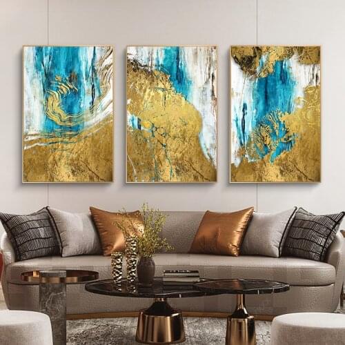 Gold And Blue Abstract Posters and Prints Oil Painting on Canvas Cuadros Pictures on the Wall Art Home Decor for Living Room