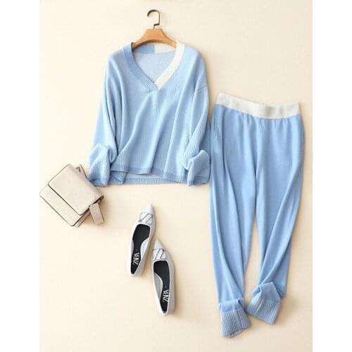 100% cashmere sweater women Autumn winter pure cashmere casual suit women new cashmere sweater cashmere pants two-piece