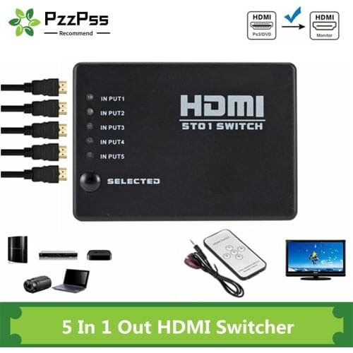 PzzPss 5 Port HDMI Switch 1080p Selector Splitter Hub with IR Remote Controller for HDTV DVD BOX HDMI Switcher 5 In 1 Out