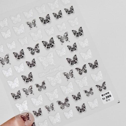 5D Black White Lace Butterfly Nail Stickers Rose Flower Self Adhesive Slider Nail Foils Nail Decals For Manicure Nail Decoration