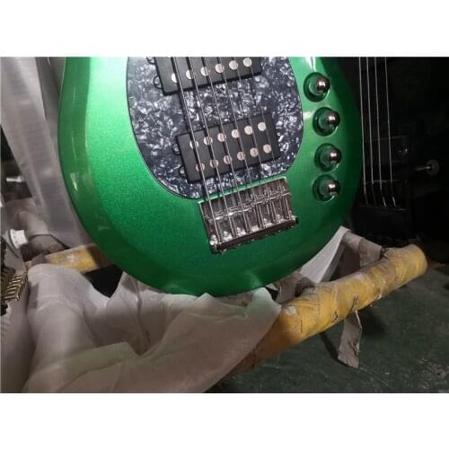 Free shipping order 5 strings bass guitar, metal green bass,active battery, HH pickups,pearl shell pickguard,chrome buttons