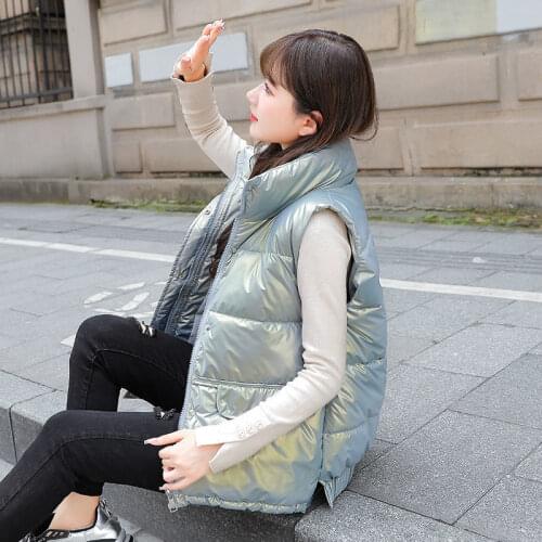 Glossy Down Cotton Stand Collar Vest Jacket Womens 2021 Fashion Winter Loose Sleeveless Coat Warm Short Ladies Waistcoat Parkas